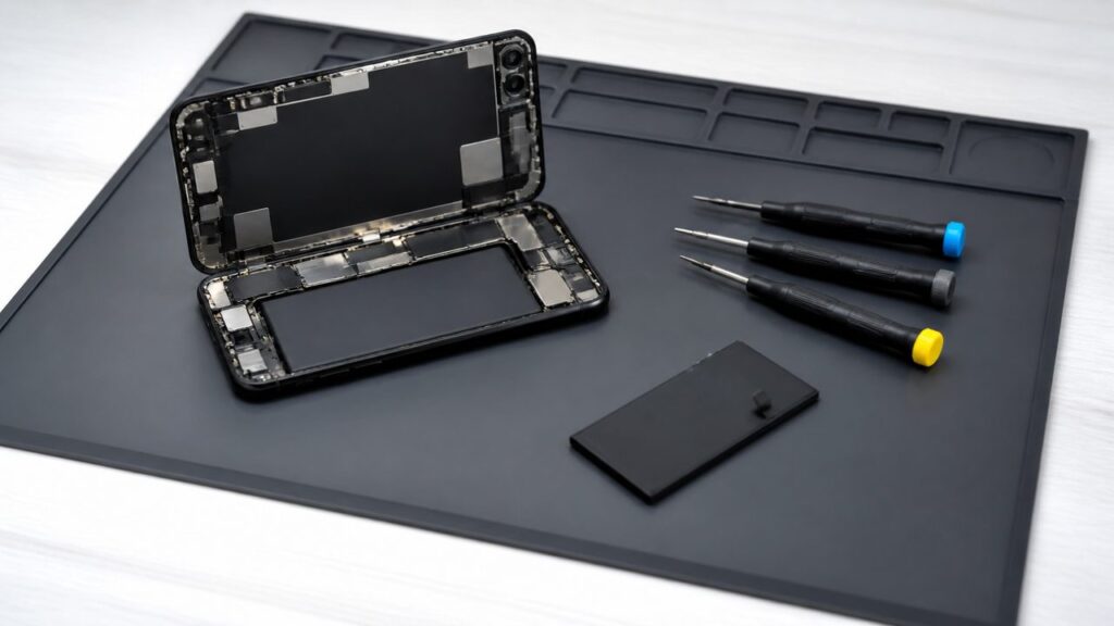 iPhone ouvert pendant un remplacement de batterie avec outils de réparation