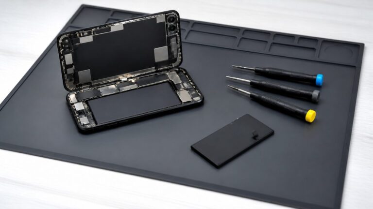 iPhone ouvert pendant un remplacement de batterie avec outils de réparation