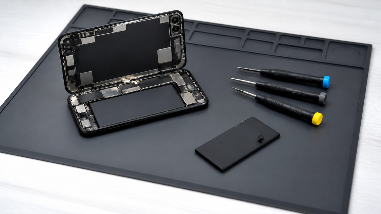 iPhone ouvert sur un tapis de réparation avec outils et batterie de remplacement