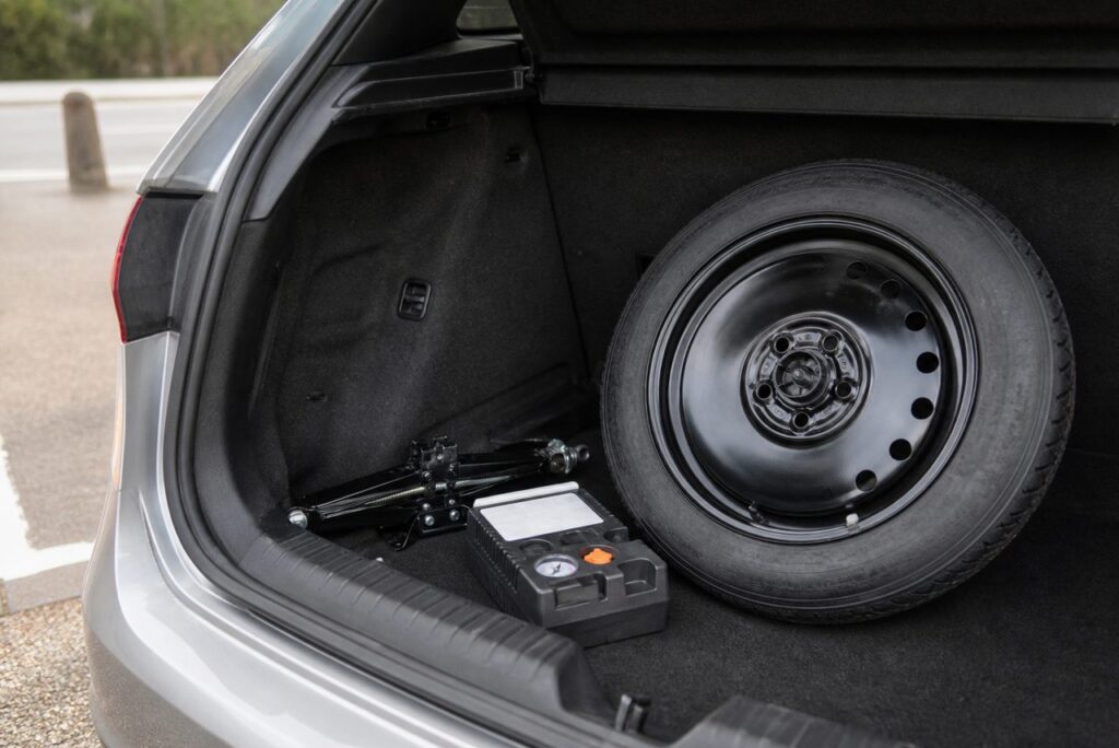 Roue de secours, cric et kit anti-crevaison dans le coffre d’une voiture