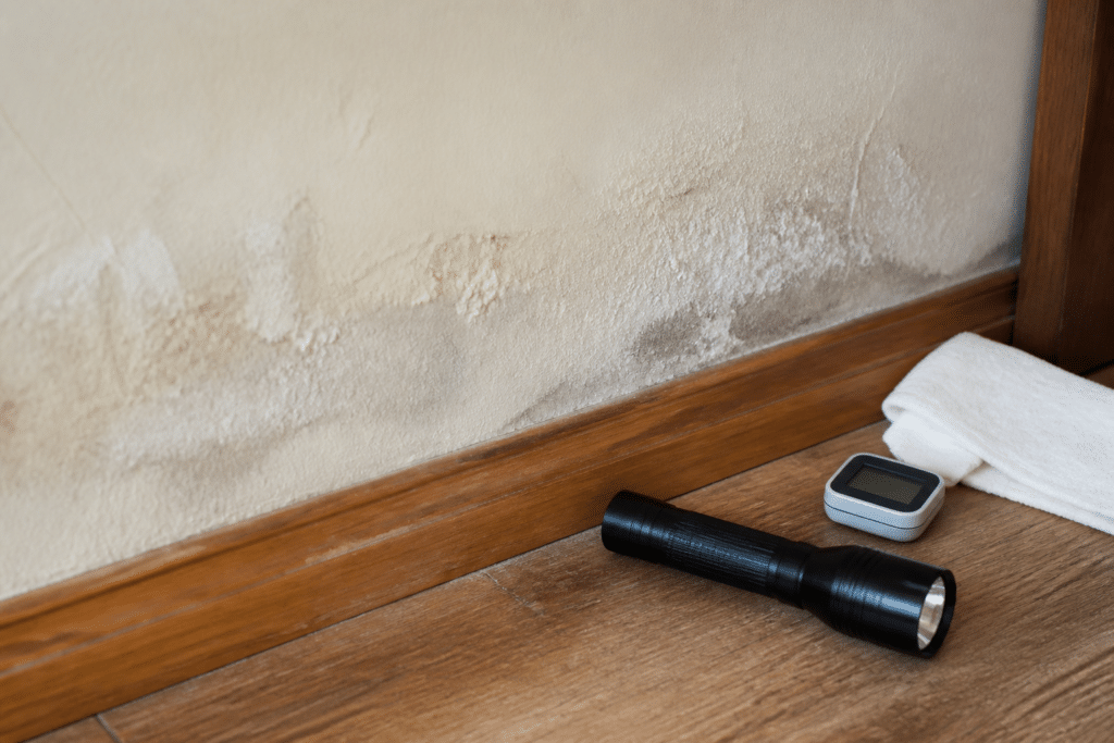 Traces de salpêtre et d'humidité au bas d'un mur intérieur