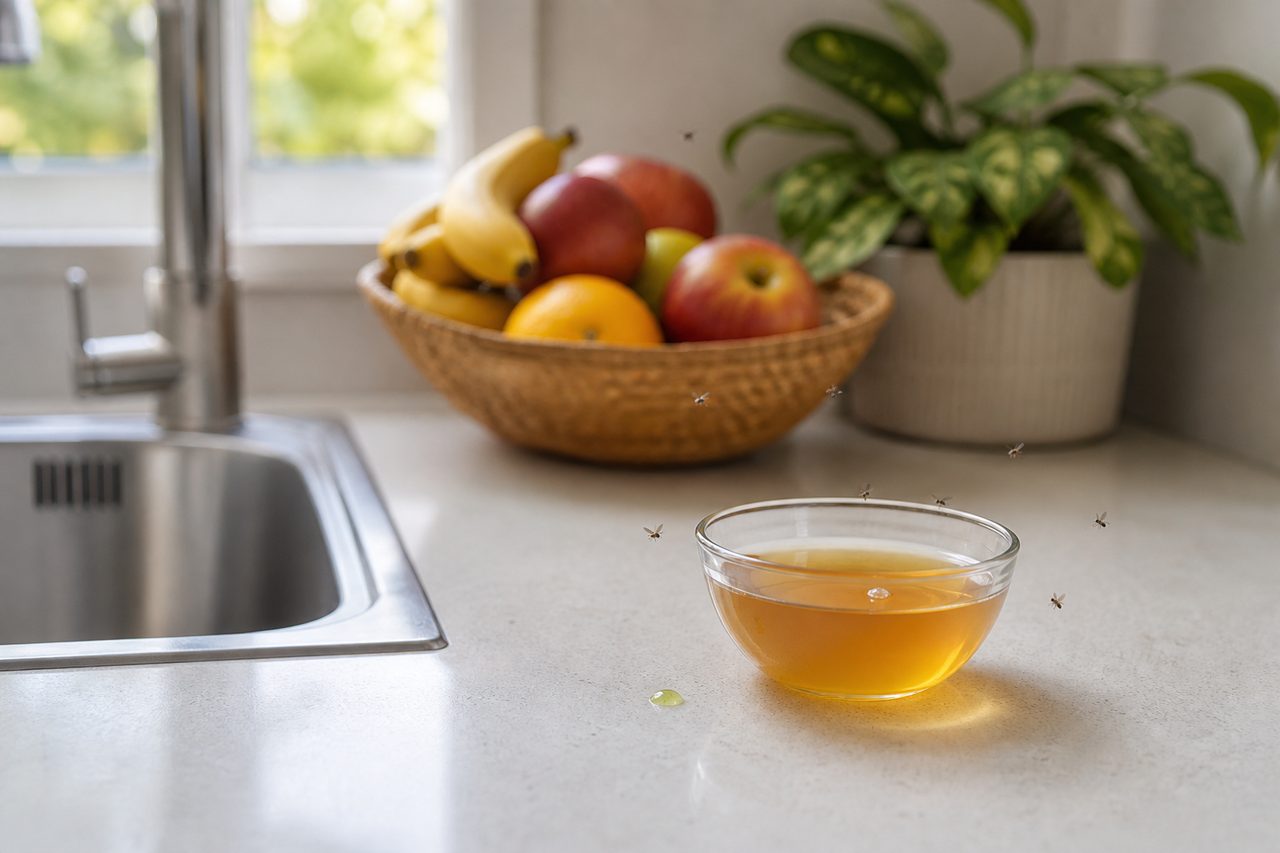Bol piège anti-moucherons posé sur un plan de travail de cuisine, près de fruits et de plantes