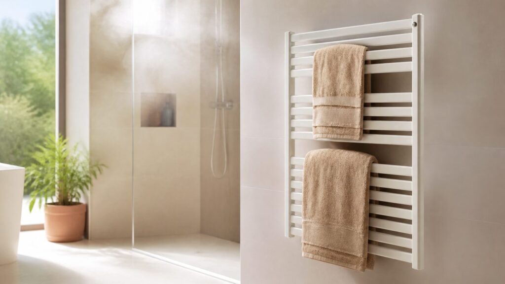 Sèche-serviettes électrique soufflant dans une salle de bains lumineuse