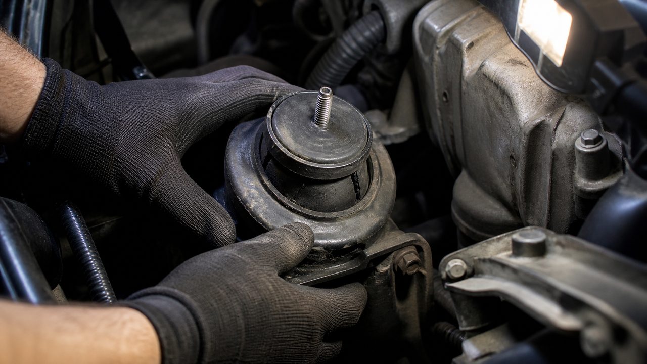Mécanicien inspectant un support moteur dans un compartiment moteur