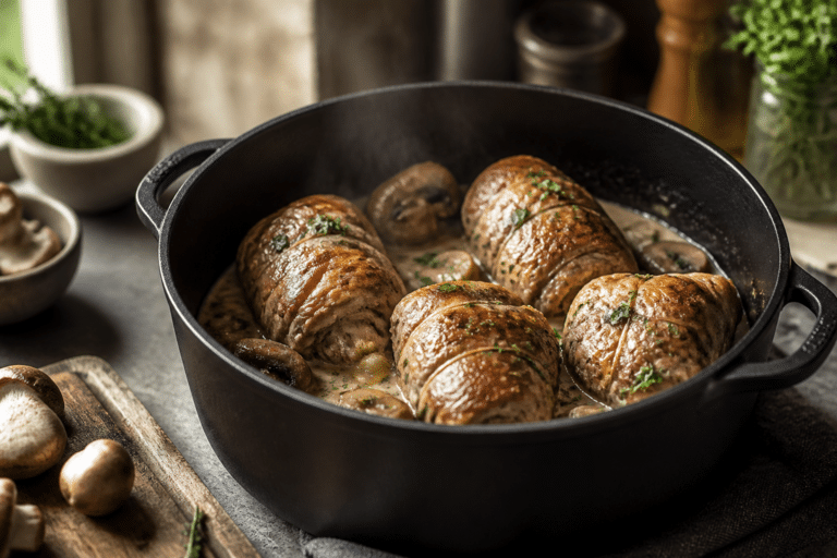 Paupiettes de veau dorées en cocotte avec une sauce aux champignons
