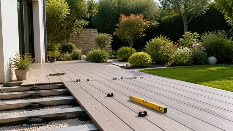 Terrasse composite en cours de pose avec niveau et cales dans un jardin