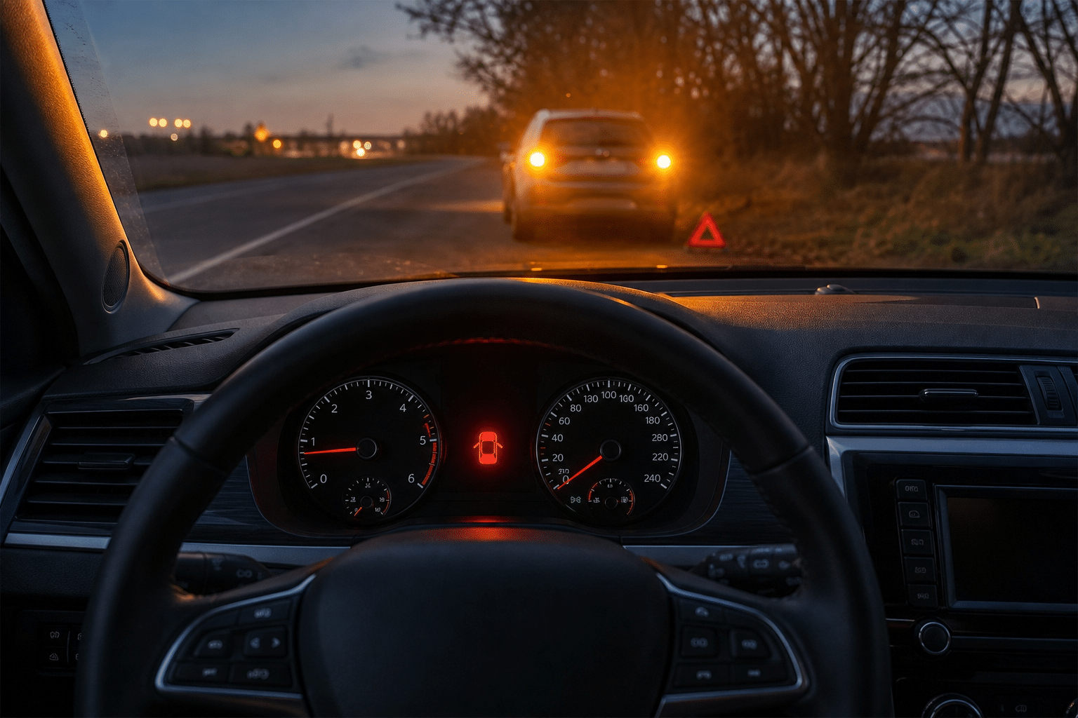 Tableau de bord de voiture avec un voyant rouge allumé, véhicule arrêté en sécurité sur le bas-côté