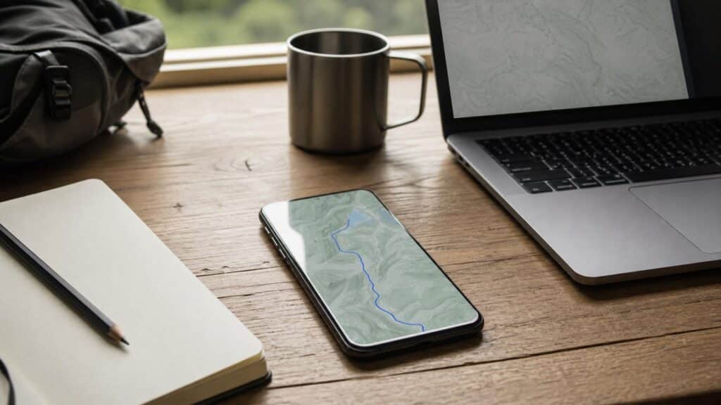 Smartphone affichant une trace GPX de randonnée à côté d’un ordinateur portable