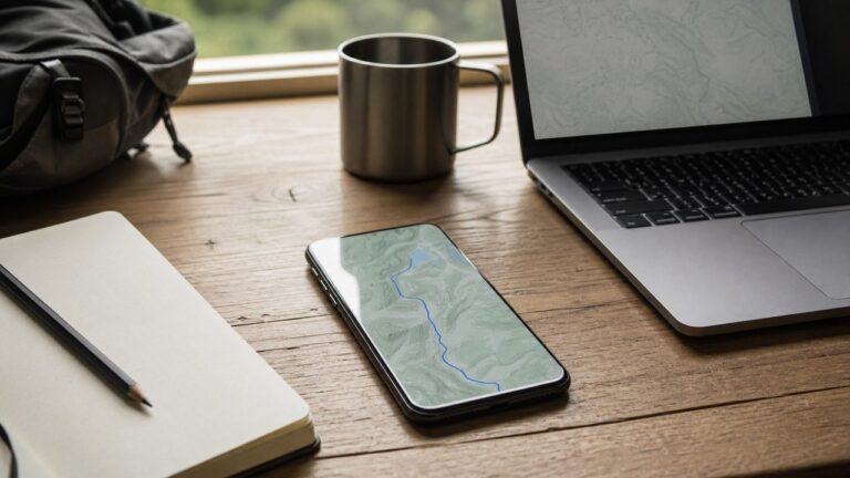 Smartphone affichant une trace GPX de randonnée à côté d’un ordinateur portable