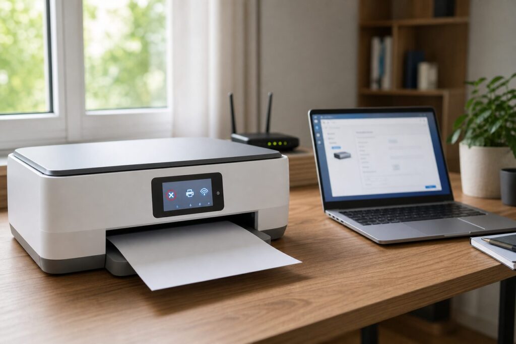Imprimante HP hors connexion sur un bureau avec ordinateur et routeur Wi-Fi