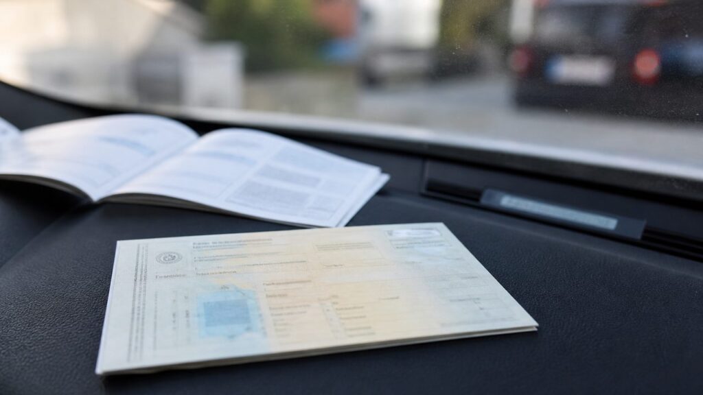 Carte grise anonymisée et numéro VIN visible sur le tableau de bord d’une voiture