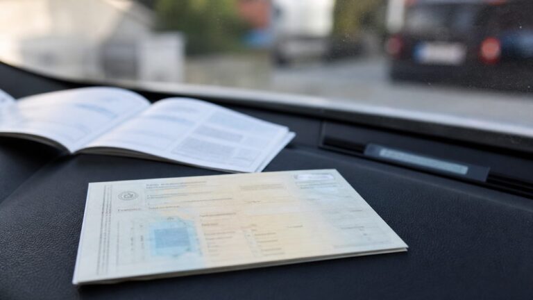 Carte grise anonymisée et numéro VIN visible sur le tableau de bord d’une voiture