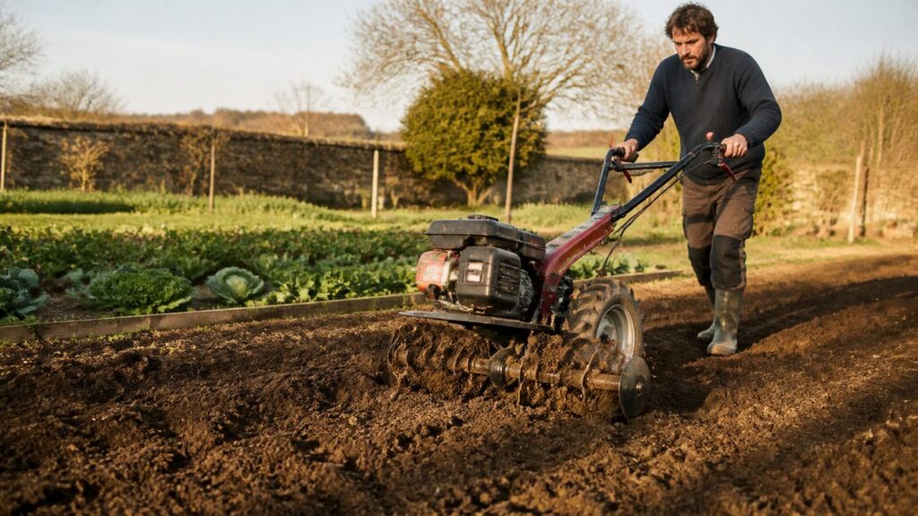 Jardinier utilisant un rotovator dans un potager