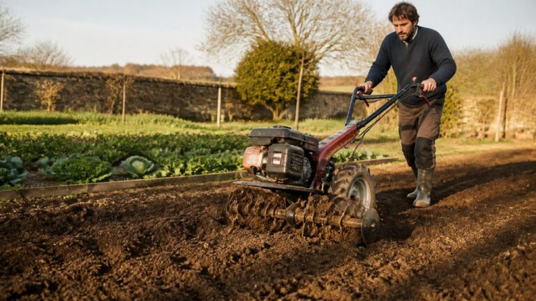 Jardinier utilisant un rotovator dans un potager